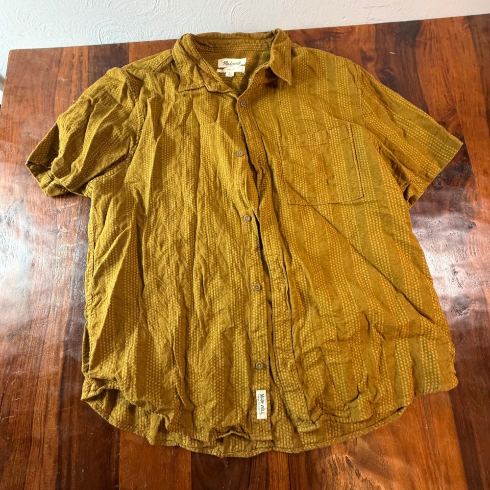 Madewell Mens Easy Fit Hemp Cotton Dobby Stripe Short Sleeve Shirt Mustard L